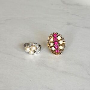 Vintage Avon Ring Set Gold Tone Pink Rhinestone & Faux Pearl Silver Tone Ring